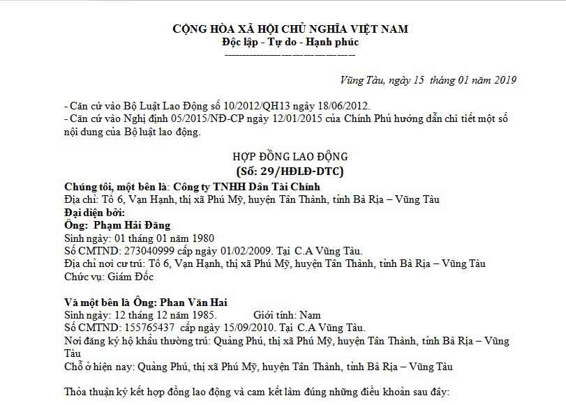 Mẫu hợp đồng lao động 2020 file word Bộ Luật lao động mới nhất