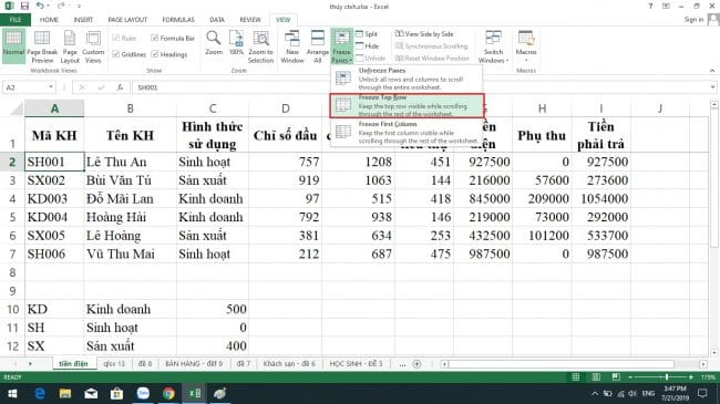 cố định dòng trong Excel