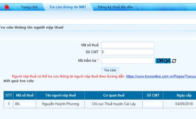 Bước 4: Nhập thông tin số Chứng minh nhân nhân (CMND) và Mã kiểm tra tra cứu mã số thuế cá nhân và doanh nghiệp