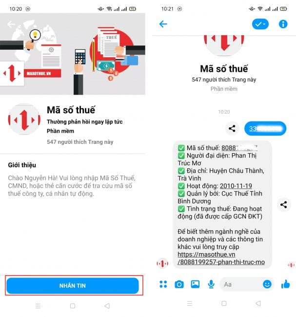 ra cứu mã số thuế TNCN, doanh nghiệp bằng chính Messenger tra cứu mã số thuế cá nhân và doanh nghiệp